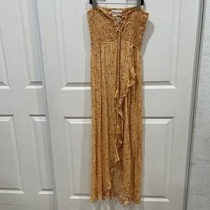 Tiare Hawaii Floral Maxi Dress Smocked Strapless Ruffle Detail Tassel Tie XS